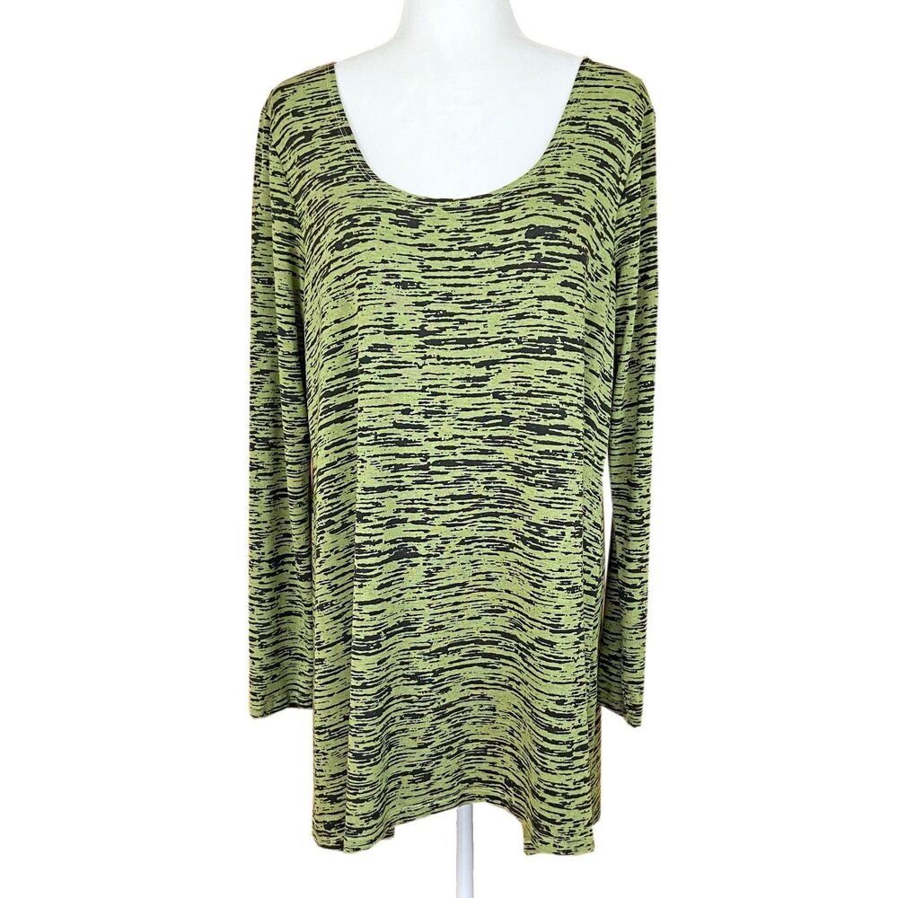 Bryn Walker Long Sleeve Tunic Size L Green Black Jersey Stretch Scoop Neck Comfy